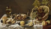 Pieter Claesz Tabletop Still Life with Mince Pie and Basket of Grapes oil painting reproduction